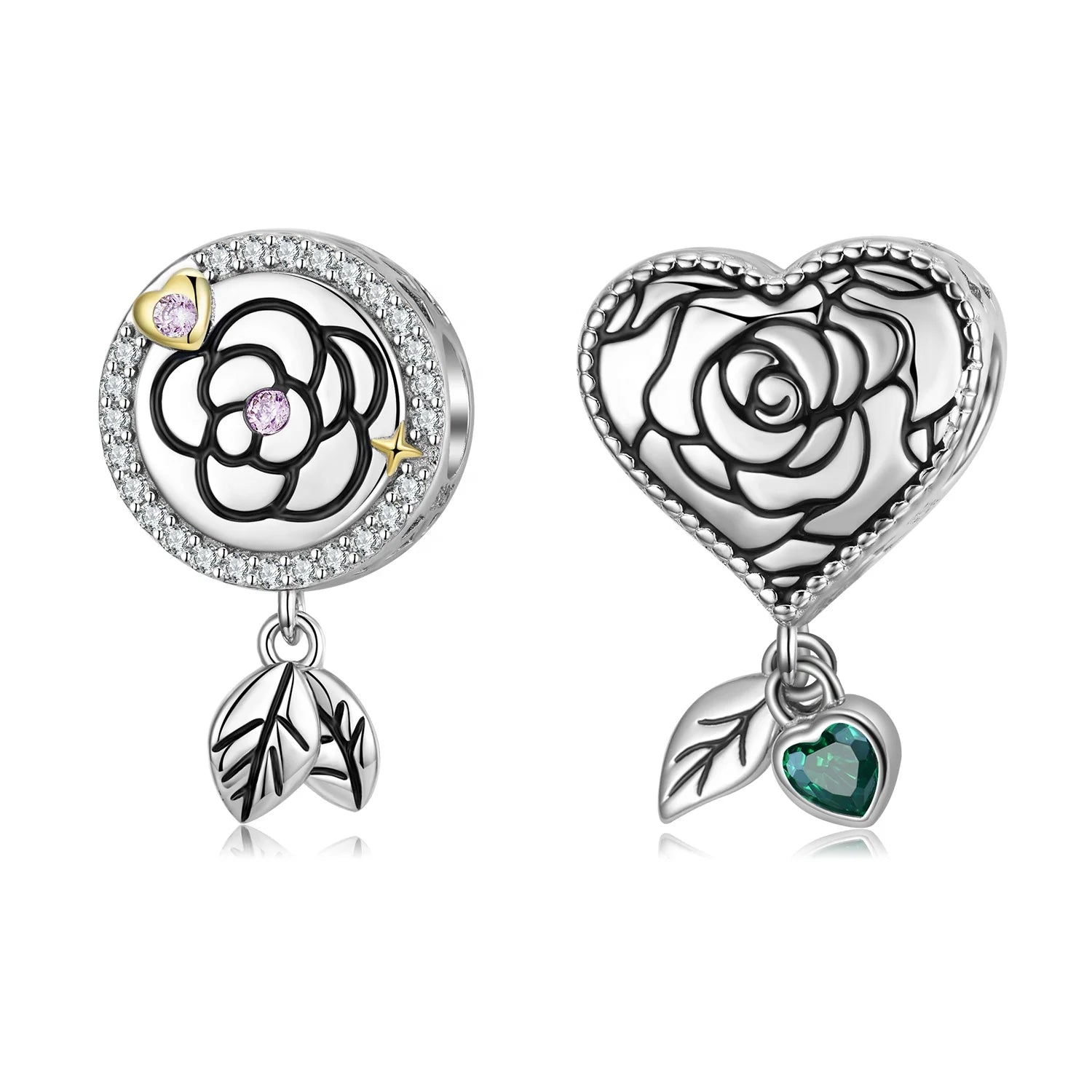 Heart Shape Rose Pattern Charm with Leaf Dangle 925 Sterling Silver Bead with CZ for Women Fine Charm Bead Jewelry Bracelet Gift