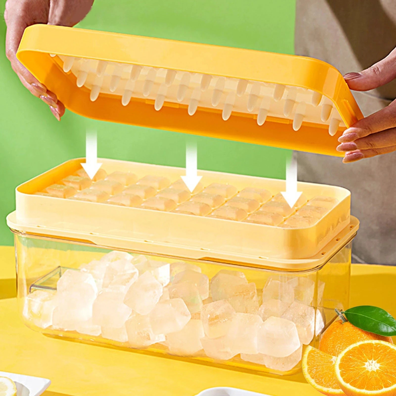 Easy Release 64 Ice Cube Molds Container Ice Scoop Silicone Base 32 Ice Cube Tray with Lid and Bin for Freezer