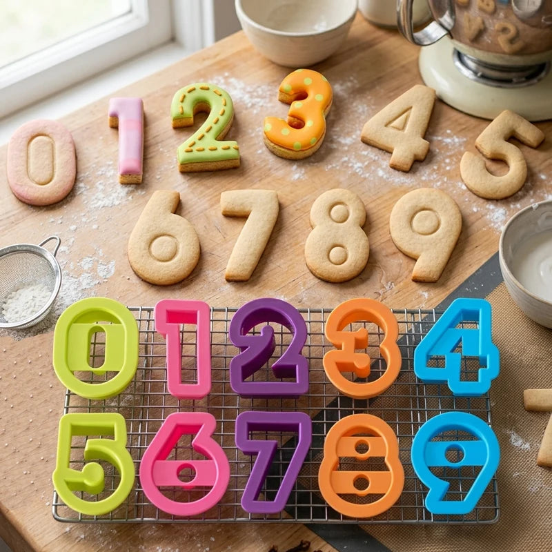 PP Plastic Number Biscuit Cutters - 0 to 9 Digital Cookie Mold Set with Color Header Packaging