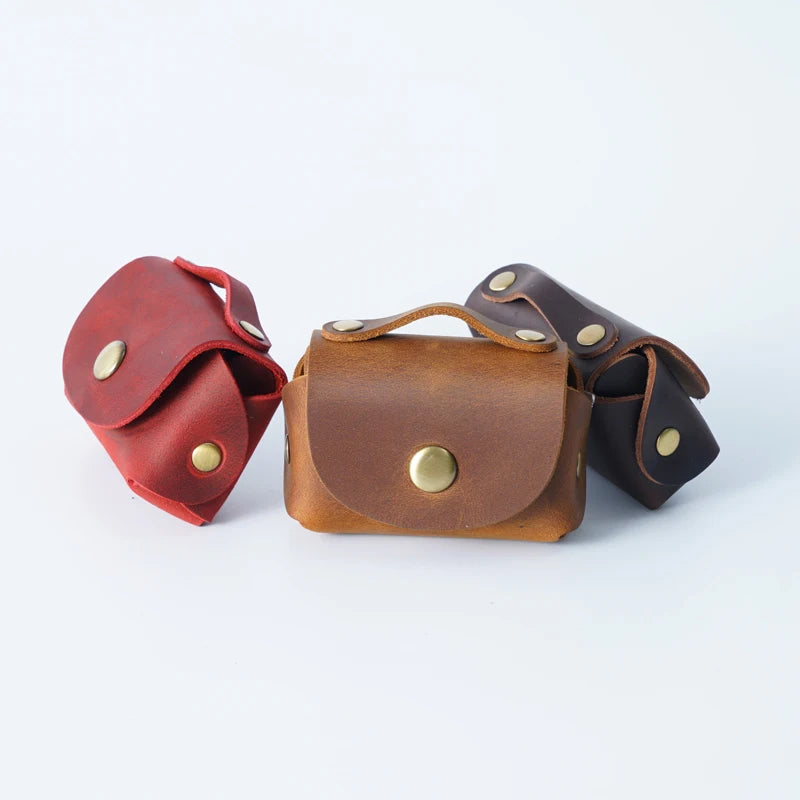 Vintage Key Chain Holder Coin Purse Crazy Horse Genuine Leather Mini Earphone Bag Storage Personalize Headphone Organizer Pouch