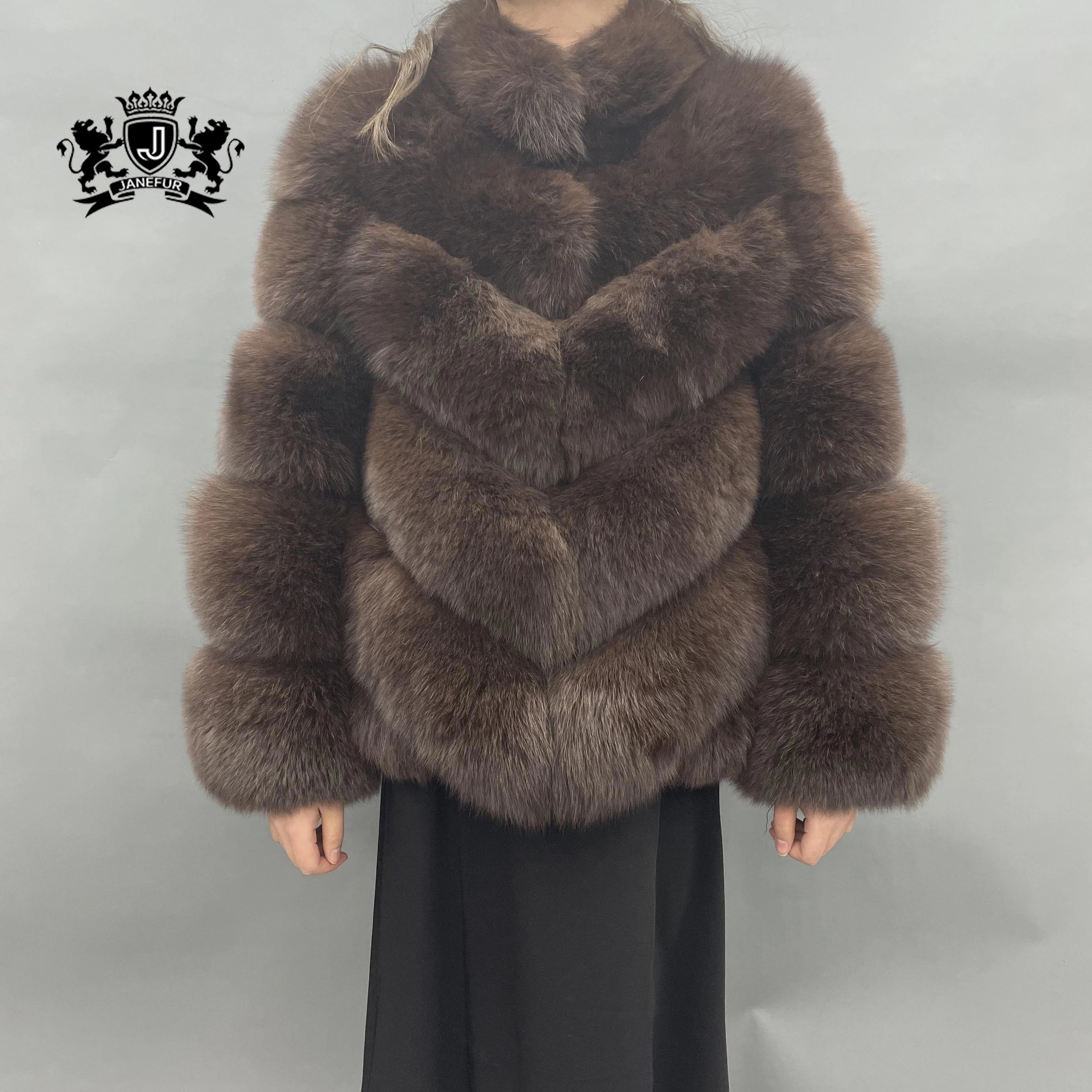 Factory Directly Wholesale Women Fox Fur Jacket Loose Size Solid Brown Casual Style Outdoor Wear Genuine Fox Fur Coat