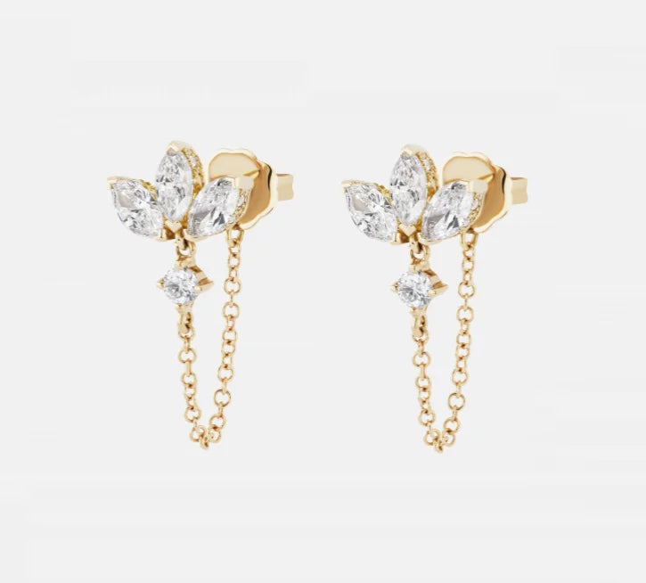 Factory Wholesale New Arrival 18K Gold Plated Lotus Stud Chain Drop Chain Earring for Women Wedding Brass Luxury Jewelry