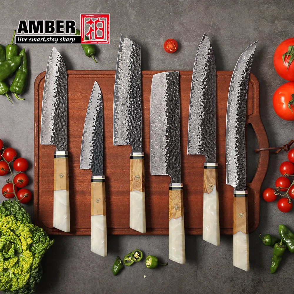 Amber 6pcs 67 Layers Damascus Vg10 Knife Set Japanese Knife Set Damascus Kitchen Knife Set Resin Handle