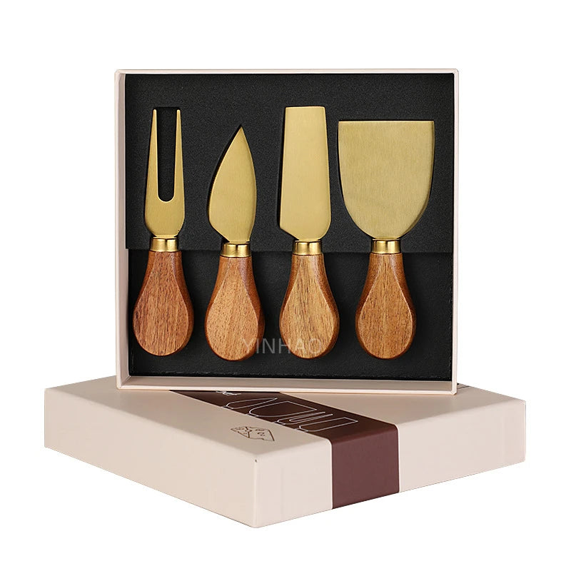 Housewarming Gift Custom Logo Stainless Steel Acacia Wooden Handle 4 Pieces Gold Cheese Knife Set with Gift Box Packaging
