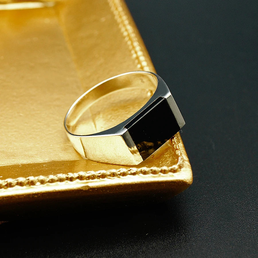 Fashion Sterling 925 Silver  Classic Wedding Ring for Men`s Men Rings Silver Stones Rings Custom Nature Black Agate Setting