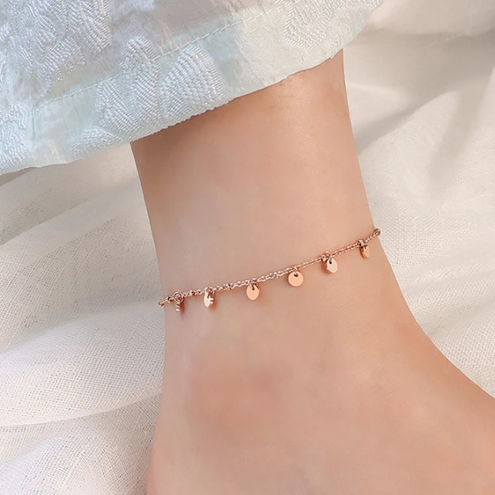 Waterproof Fashion Women Jewelry Disc Dangles 18k Gold Plated Ladies Wholesale Stainless Steel Anklet