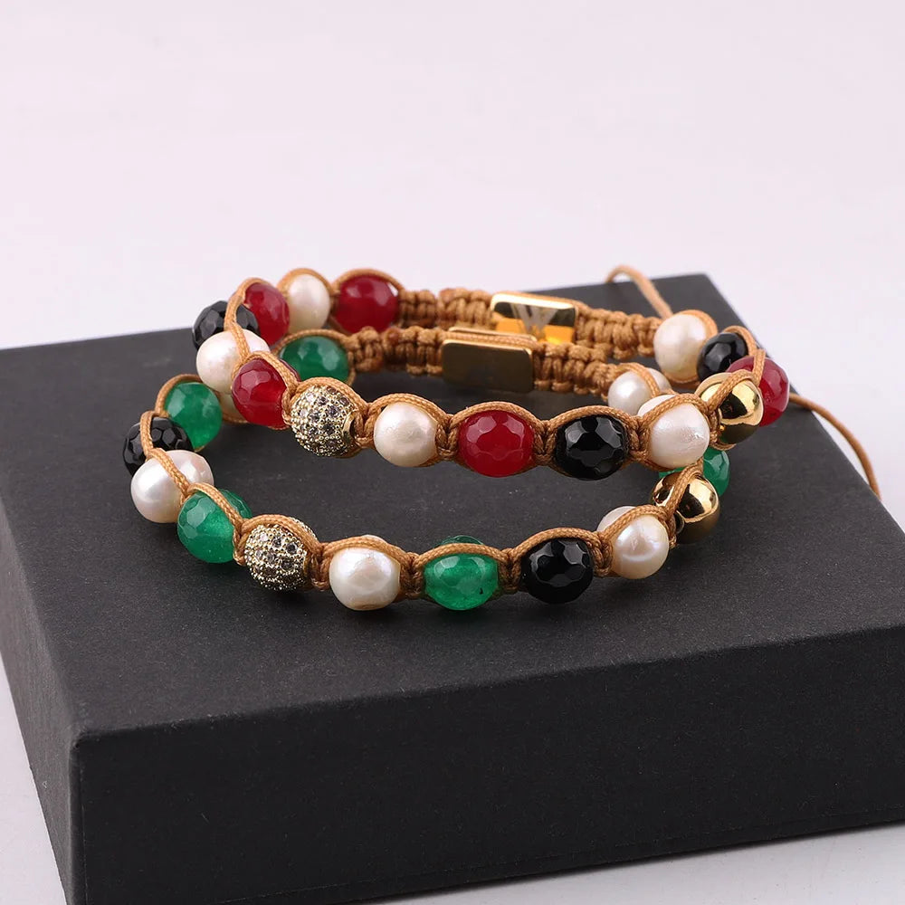 New Fashion Design Natural Stone Ruby Emerald Jade CZ Ball Braided Macrame Bracelet Women JBS12623