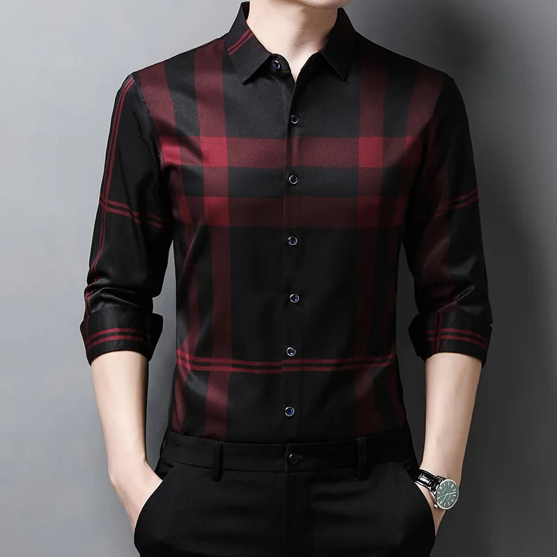 RNSHANGER New Men's Casual and Fashionable Long Sleeved Shirt with Plaid Printed Anti Wrinkle Business Shirt for Men