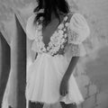 10705#Mini V-Neck Backless Puff Sleeve Lace Applique A-Line Boho Pearl Above Knee Length Wedding Dress Wedding Bridal Gown
