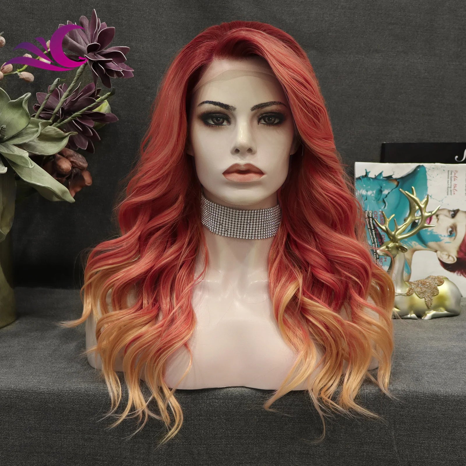 Celebrity Red Orange Ombre Multi-Color Premium Synthetic Hair Wig Heat Resistant Colorful Synthetic Lace Front Wig