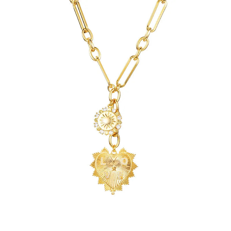 Sun Heart Pendant Choker Necklace Women Girls 18K Gold Plated Multi Pendants Figaro Chain Hip Hop Brass Jewelry Wholesale