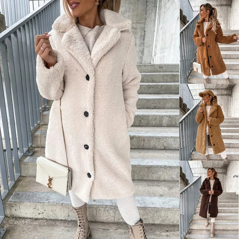 2023 New Arrival Hot Selling Full Size Winter Plus Size Women's Lapel Plush Pocket Solid Plush Long Coats