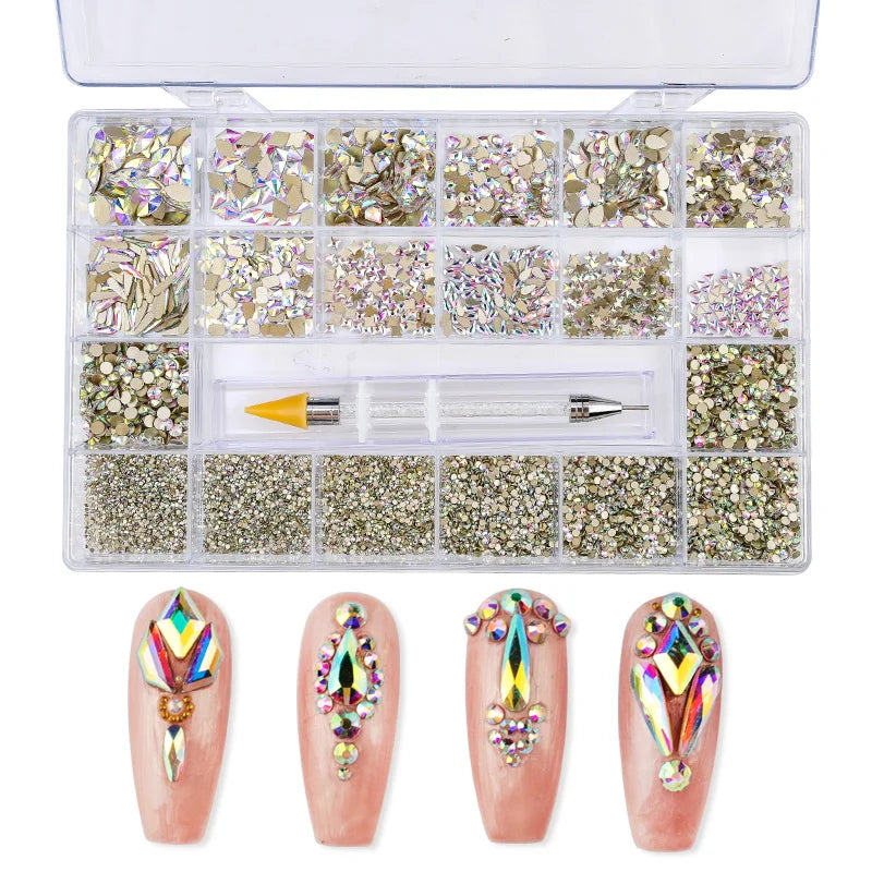 Qiao Wholesale Mixed Shape 3D Glass and Crystal Nails Diamond Rhinestones Packs Bling Design for Nail Art