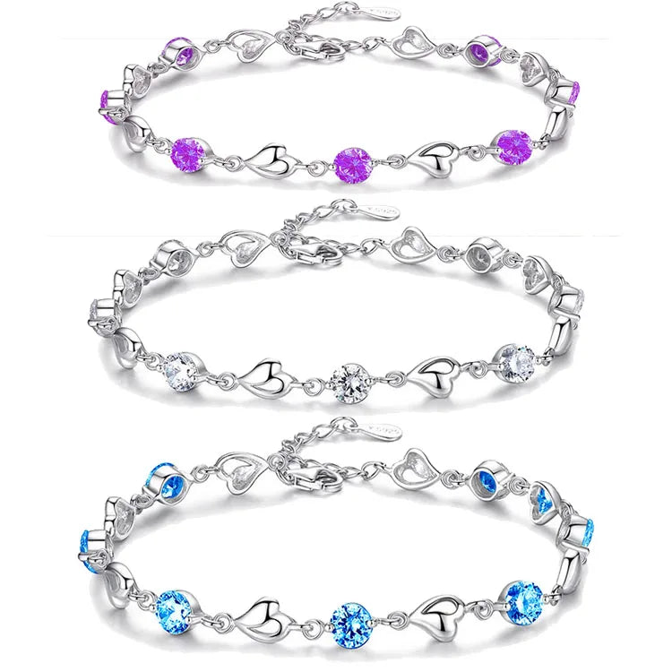 SC Romantic New Blue Purple White Crystal Zircon Bracelet 925 Sterling Silver Bracelet Temperament Hollow Heart Chain Bracelet