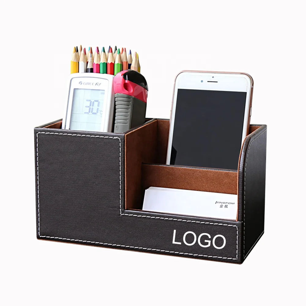 Custom LOGO Printed Pen Pencil Holder Office Supplies Caddy Storage Box Pu Leather Desk Organizer with 3 Compartments