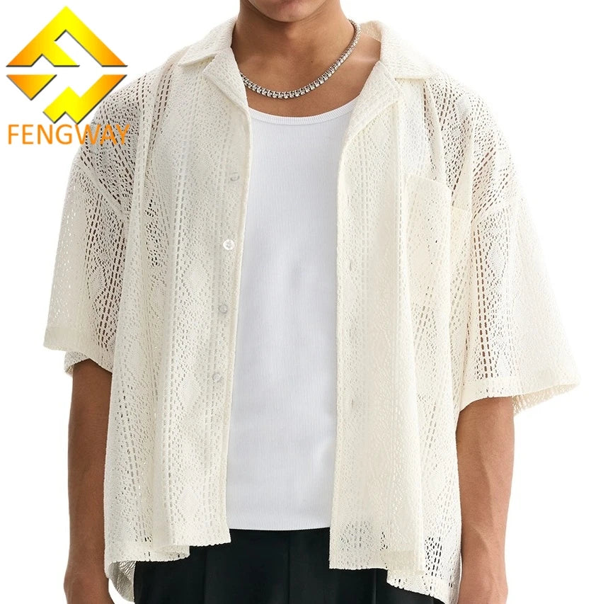 Men's Summer Casual Loose Solid V-neck Knitted Eco-Friendly Blank Quick Dry Anti-Wrinkle Sustainable Breathable Mesh Lace Button