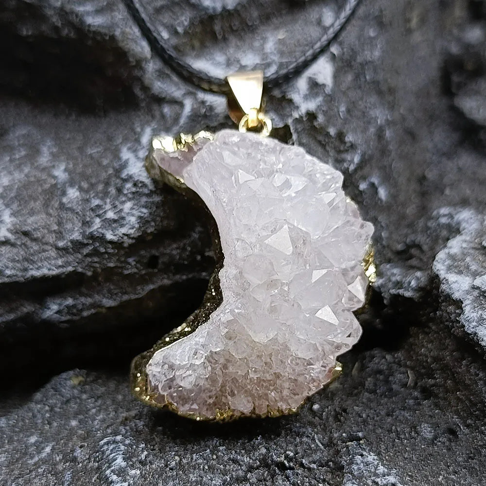Drusy Gemstone Natural Healing Crystal Raw Stone Clear Quartz Irregular Custer Moon Necklace for Men Women