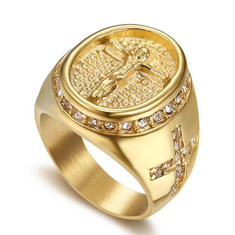 Wholesale 316l Stainless Steel Christian Jesus Gold Plated Fashion Jewelry Rings Diamond Cross Ring