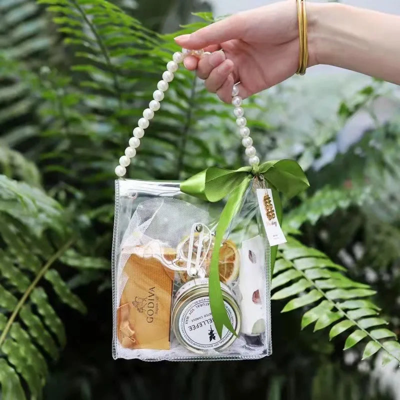 PVC Transparent Gift Bag With Pearl Handles Souvenir Tote Bag Wedding Candy Box Packaging Bags