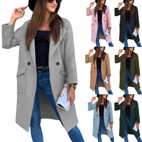 2025 Autumn Winter Solid Color Women's Oversize Lapel Collar Woolen Plaid Single Breasted Long Coat Jacket