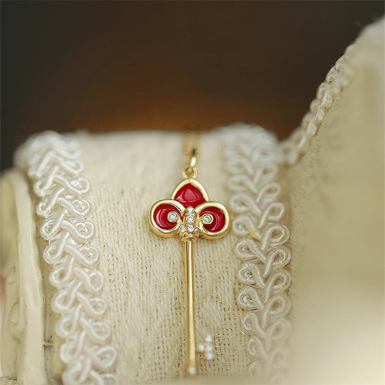 Gold Plating Romantic Jewelry Women Enamel Long Key Pendant Necklace