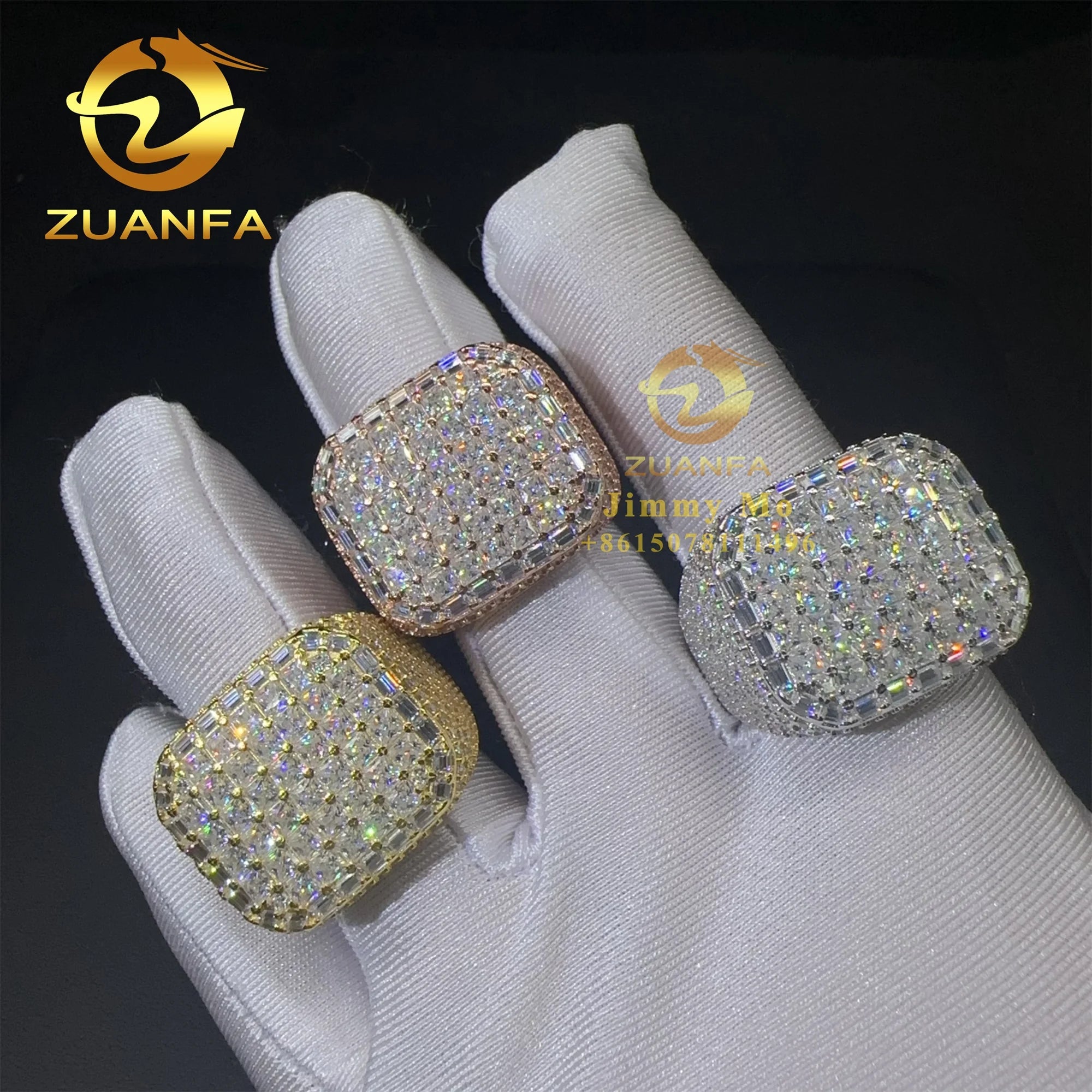 Drop Shipping Fashion Style GRA Certificate Iced Out Hip Hop Vvs Baguette Moissanite Diamond 925 Sterling Silver Ring Men