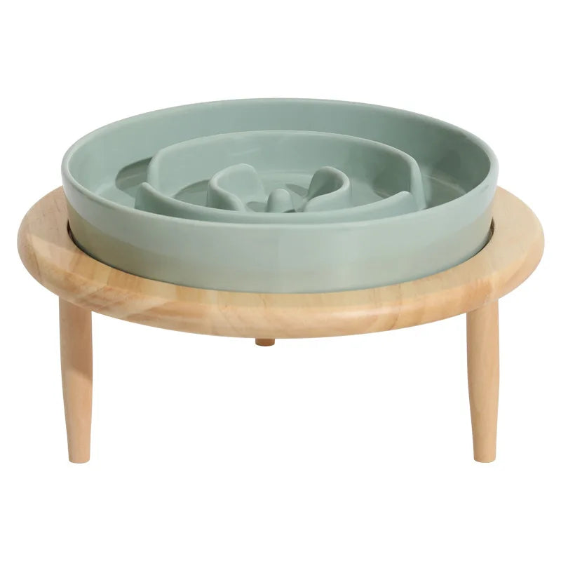 Small Dog Slow Feed Bowl Elevated Cat Drinking Eating Ceramic Bowls with Wooden Stand Pet Anti-Gulping Feeding Food Water Plate