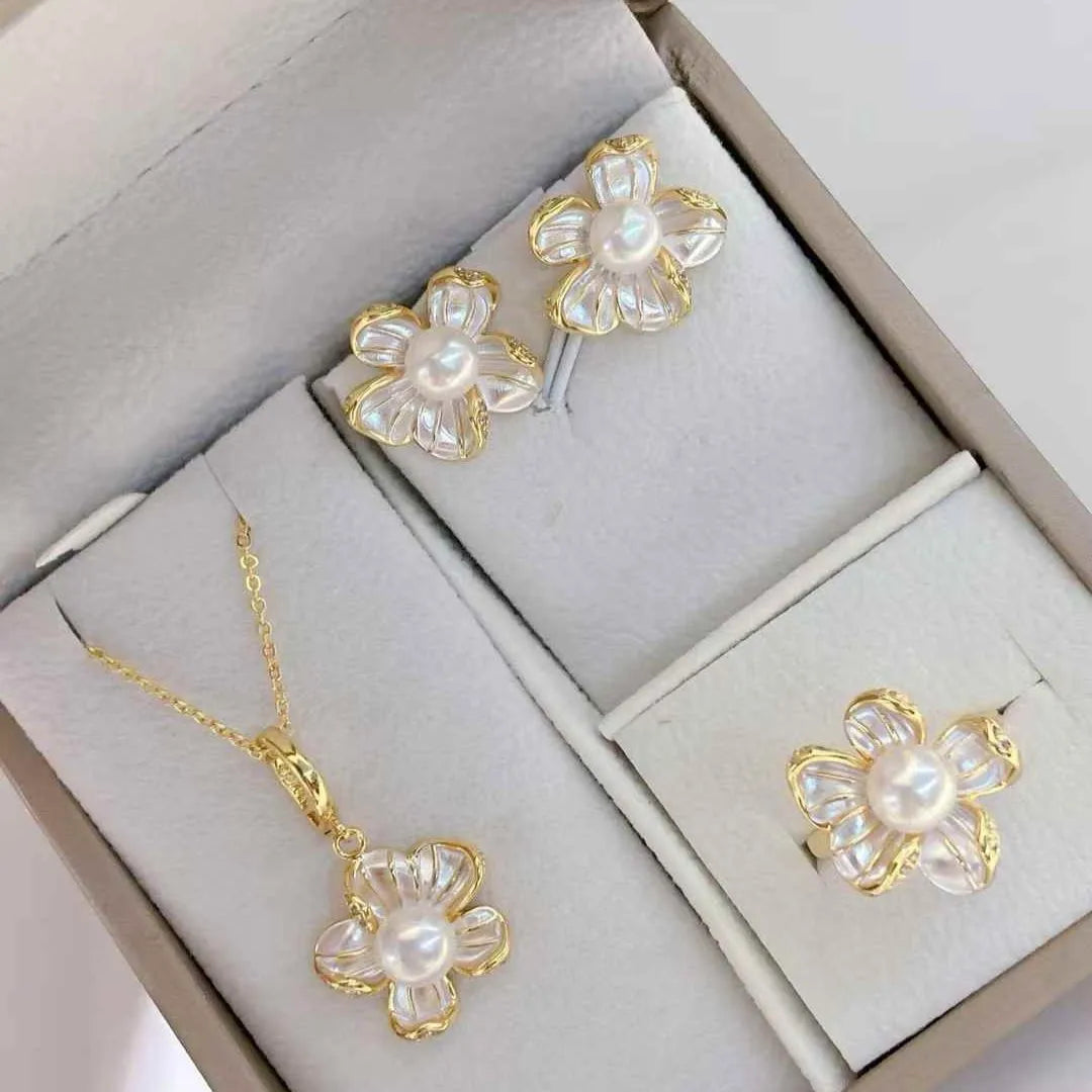 3-Piece AAAA Grade Freshwater Pearl Jewelry Set Gold Plated Brass Camellia Design-Women's Party/Engagement/Anniversary/Wedding