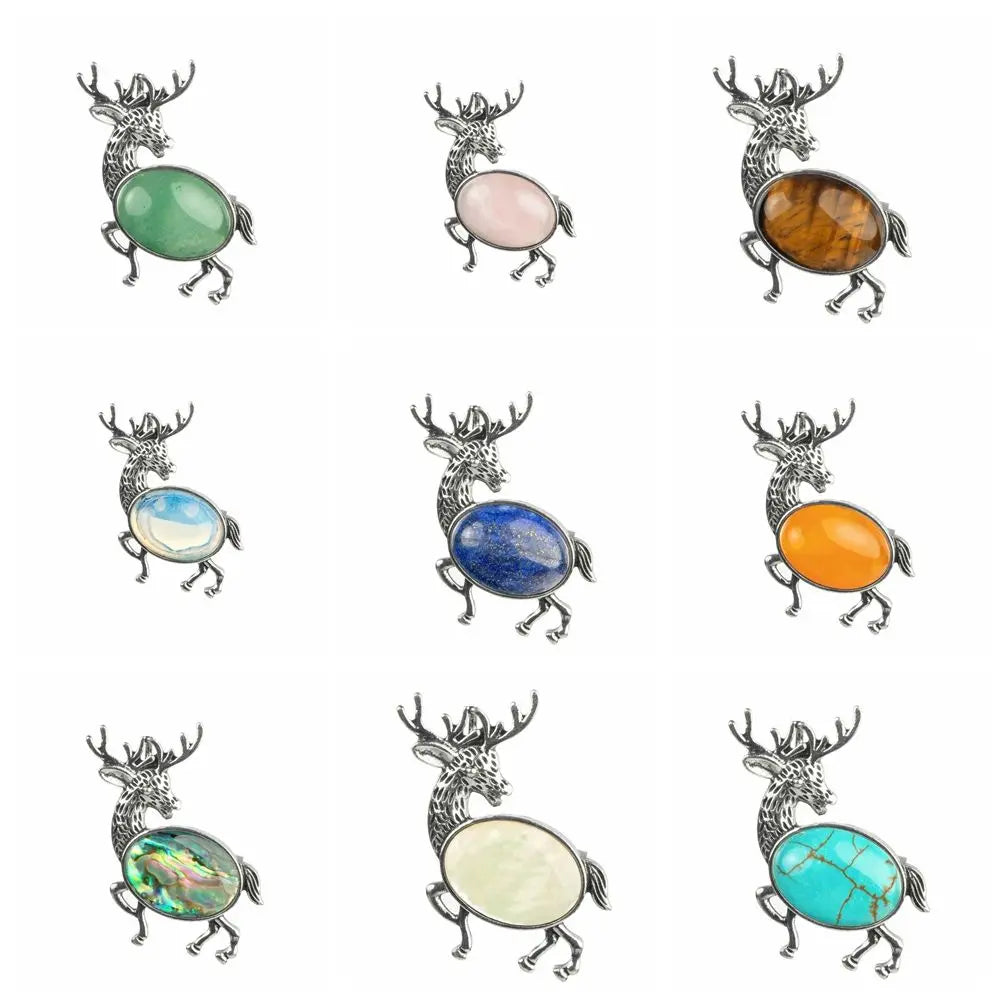 Women Deer Pattern Brooch Clip Clothing Decorative Gemstone Reindeer Sika Deer Pendant Pin Accessories Tiger Eye Amethyst