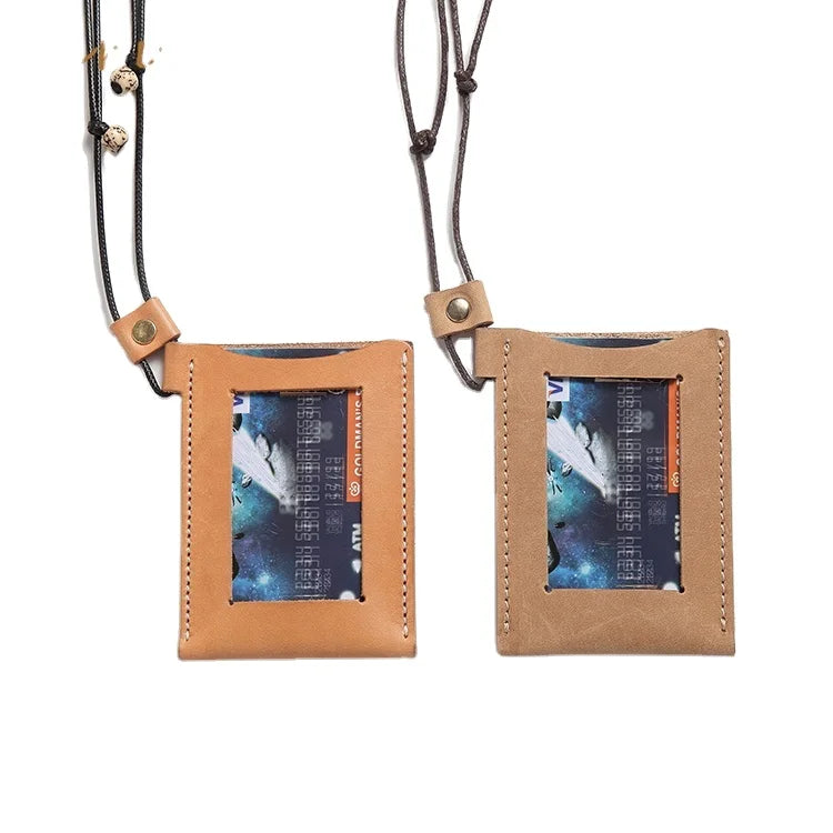 Customized Genuine Leather Eco-Friendly Durable Convenient Work Certificate Business Card Sleeve Hanging Rope ID Card Holder