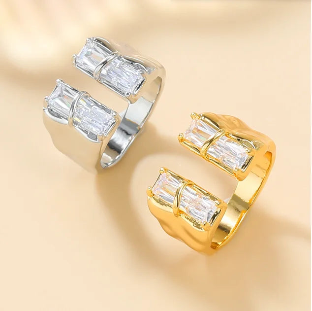 Luxury Geometric Big Cubic Ice Zircon High Carbon Plated Silver Gold Color Ring for Women Hip Hop Wedding Jewelry Gift