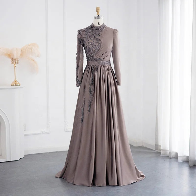 Jancember LSCZ173 Stylish Brown Pattern High Neck Full Sleeve Satin Muslim 2023 Party Evening Dress