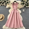 French Luxury Square Neck Dress Women's Summer Sleeveless Bow-Belted Gown with Audrey Hemline