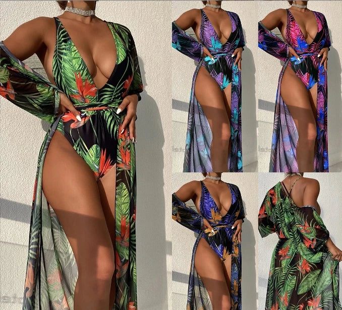 S-XL Swimsuit Women's One-piece Printed Mesh Two-piece Cover up Bikini