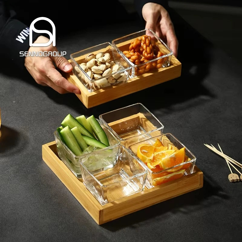 Square Glass Dish Snacks Dried Fruits Nuts Fruit Side Dish with Wooden Plate Snack Plate Set for Home Wedding and Bar