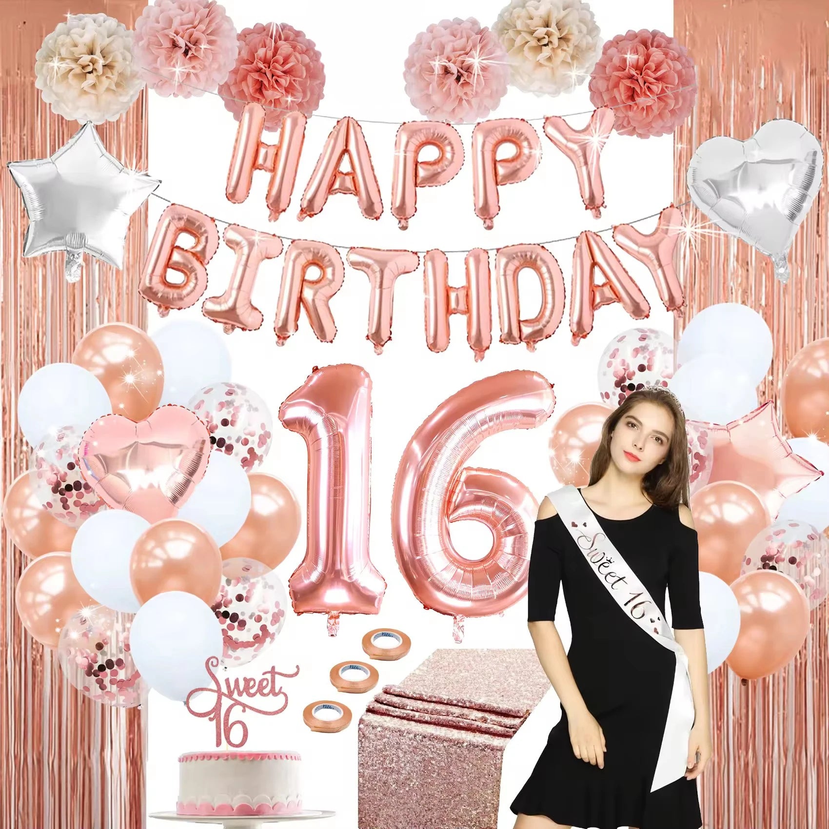 Nicro Wholesale 16th Happy Birthday Rose Gold Paper Backdrop Eco-friendly Adult Party Supplies Decorations