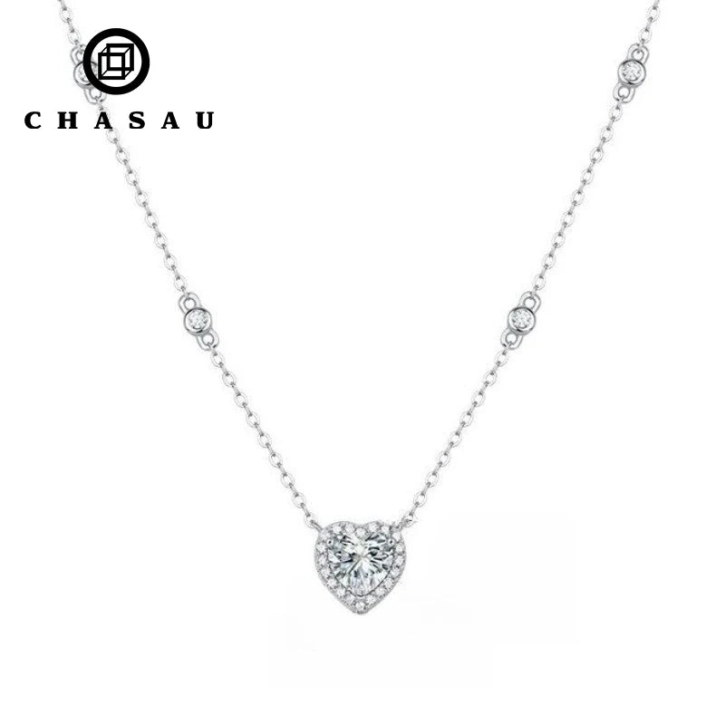 925 Sterling Silver Moissanite Heart Pendant Necklace 0.8ct 1.0ct 1 Carat 6.0mm 6.5mm White Gold Necklace for Christian Women