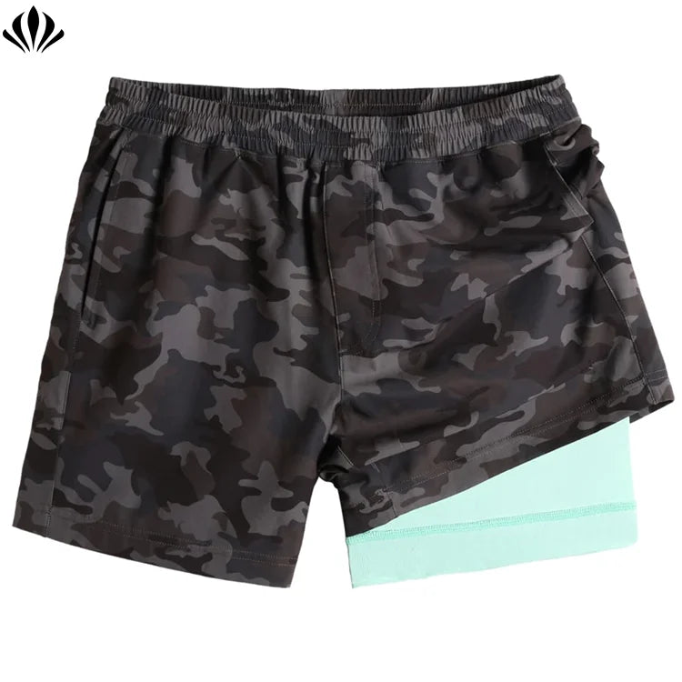 High Quality Men's 2 in 1 Gym Shorts Running Shorts Elastic Waistband Camo Gym Shorts With Pockets