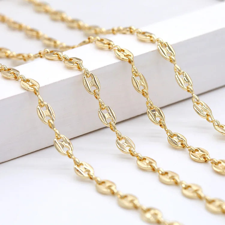 14K Gold Plated Hip Pop Coffee Beads Pig Nose Shape Handmade Chain for Necklace Bracelet Jewelry Making Chains Roll Accessories