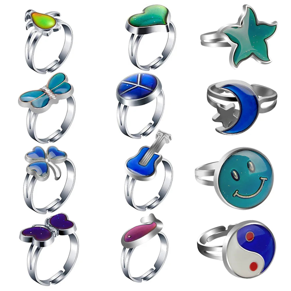Various Color Changing Rings Cute Butterfly Heart Star Animal Temperature Rings Jewelry Adjustable Girls Unique Mood Rings