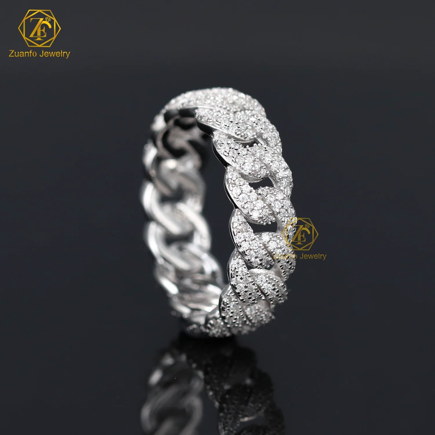 Hot Sale Fashion Two Row 7mm Cuban Rings Iced Out High Quality VVS Diamond Hip Hop Men Moissanite Ring Fine Jewelry