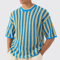 Custom Design logo Knitted Summer Beach Crew Neck Mesh Hollow Out Short Sleeve Stripe Crochet Men's T-shirt