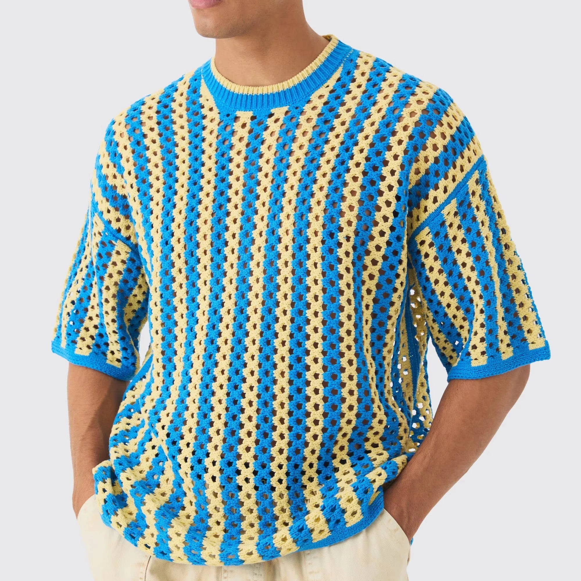 Custom Design logo Knitted Summer Beach Crew Neck Mesh Hollow Out Short Sleeve Stripe Crochet Men's T-shirt