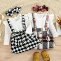 Autumn Winter Korean Three-Piece Girls Suit Casual Children's Clothing Bow Flying Sleeves Sweet Striped Top Plaid Suspender