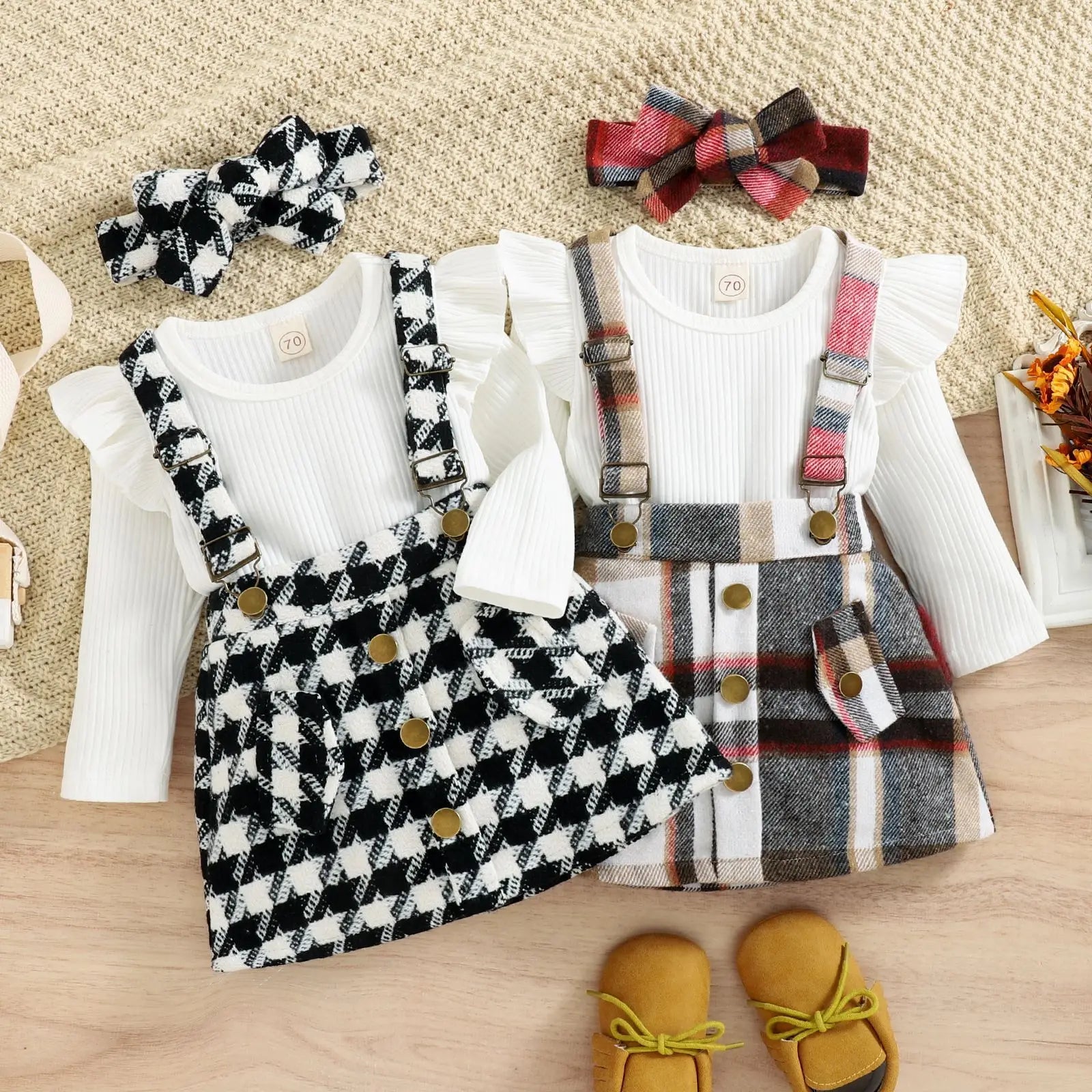 Autumn Winter Korean Three-Piece Girls Suit Casual Children's Clothing Bow Flying Sleeves Sweet Striped Top Plaid Suspender
