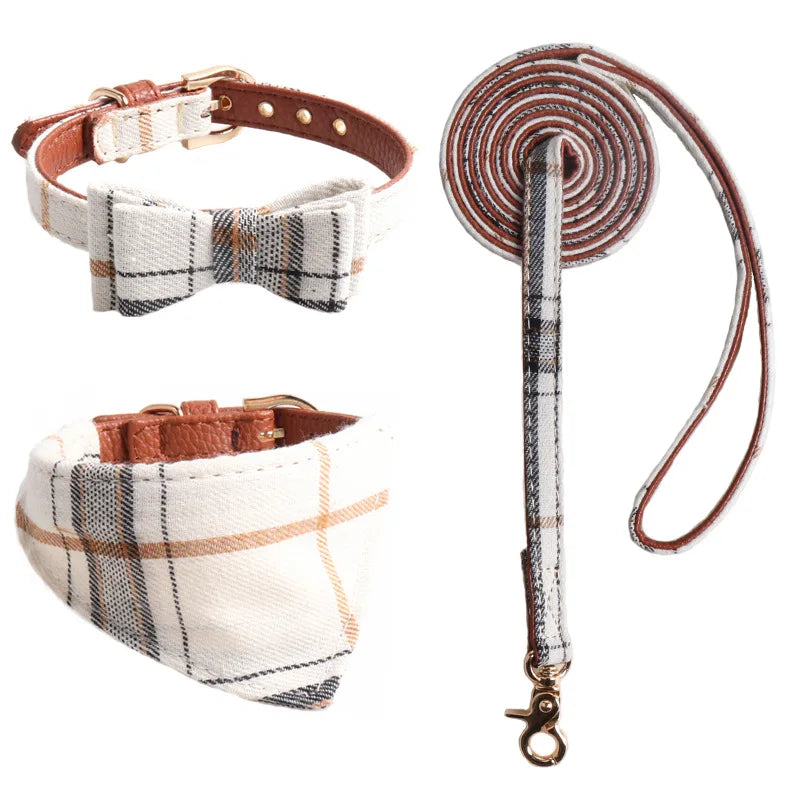 New Arrival Pet Collar Leash Set Plaid Bandana Set Adjustable PU Collar Accessories for Pets