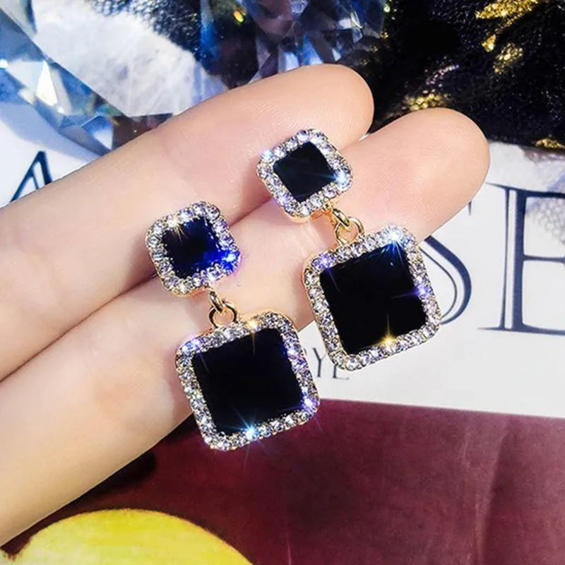 SC Wholesale Elegant Pentagram Earrings Personalized Black Square Earrings Temperament Round Diamond Drop Earrings ForWomen