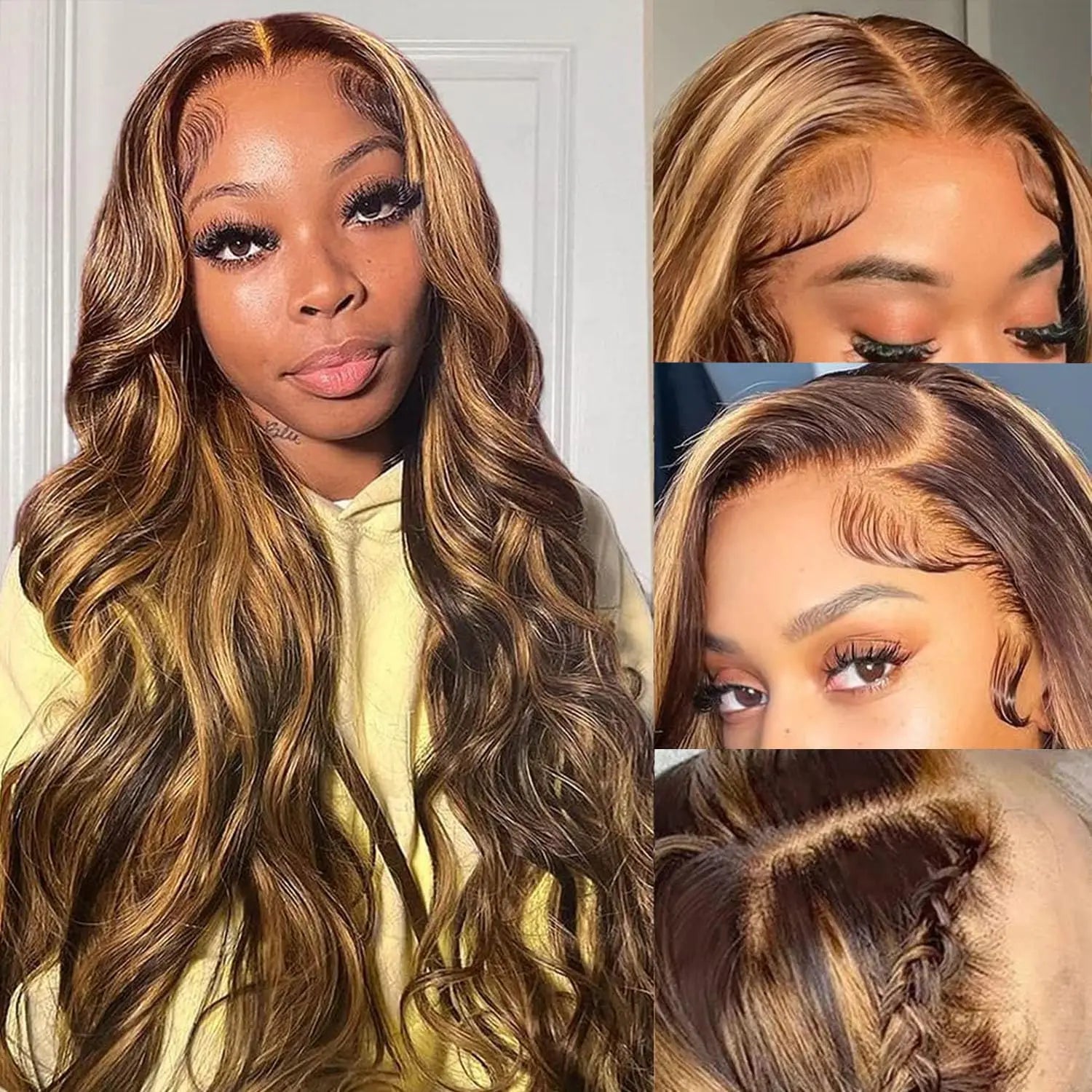 Ombre Brown Wigs for Women Long Wavy Free Part Body Wave Wigs Real Human Hair Highlight Honey Blonde Lace Front Wig