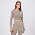 See Through Light Weight Yoga Wear Flap Wide Neck Long Sleeve Crop Top and Flare Leggings 2 Piece Set Women