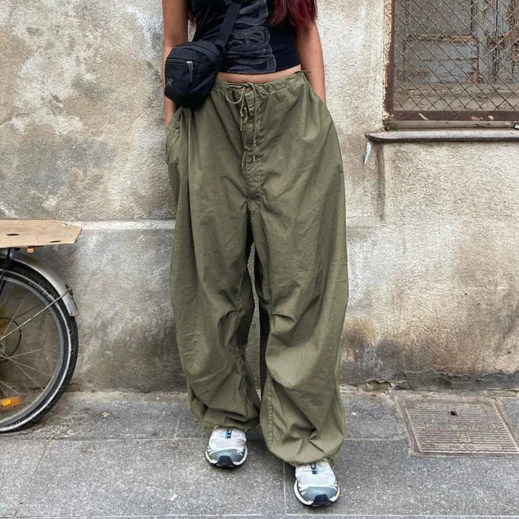 Enyami New Work Outfit Elastic Fashionable Low Waist Parachute Pants Woven Cotton Wide Leg Trousers Cargo Pants Woman